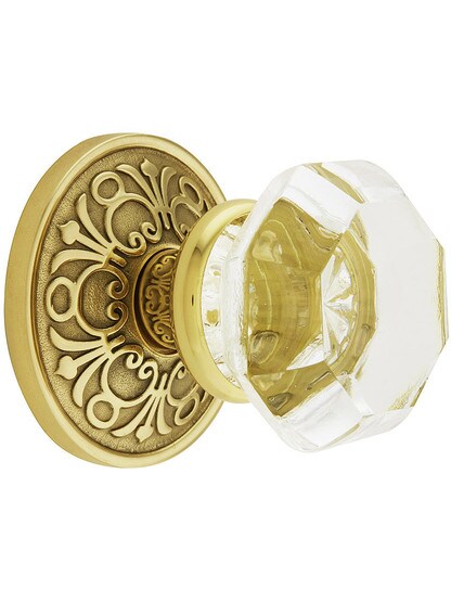 Lancaster Door Set With Old Town Crystal Knobs in Polished Brass.